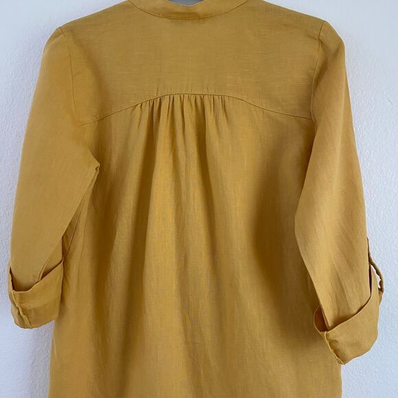 Ellen Tracy Tunic Top Size M‎ 100% Linen Roll Tab Sleeve Yellow - Picture 5 of 10